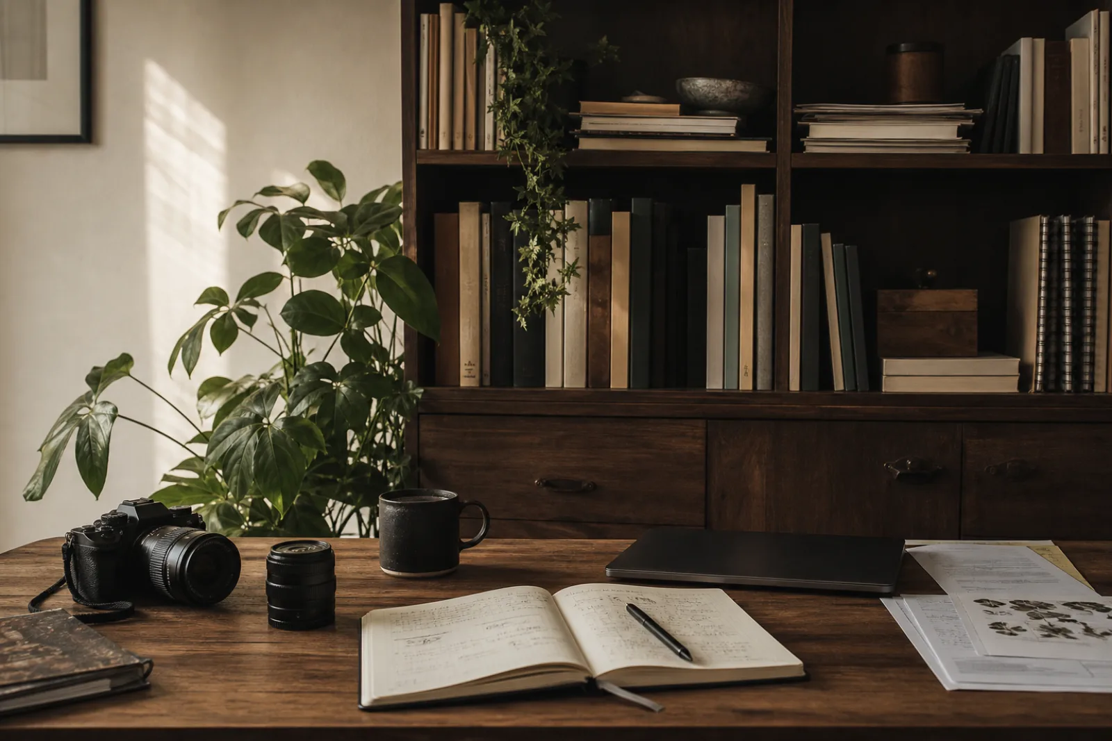 A warm workspace with books, a camera, notes, coffee, and a laptop.